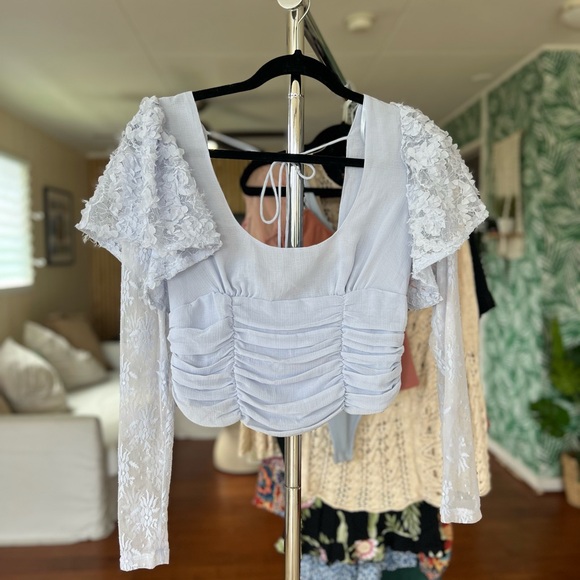 Free People Dream Of You Top Light Blue Long Sleeve Lace Sz XS - Picture 6 of 9